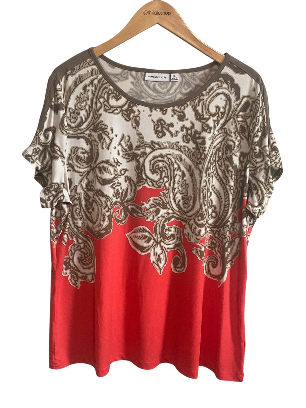 Susan Graver Orange and Brown Paisley Ornate Liquid Knit Short Sleeve Top XL